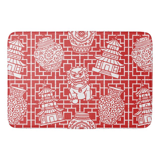 Chinoiserie Pagoda – Red Preppy Asian Garden Badematte (Vorderseite)