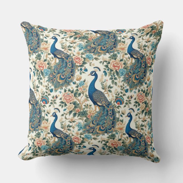 Chinoiserie Peacock Floral Kissen (Vorderseite)