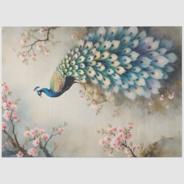 Chinoiserie Peacock Floral Pink Blossom Dekoupage Seidenpapier (Vorderseite)