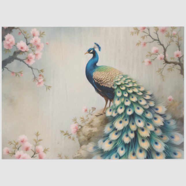 Chinoiserie Peacock Pink Blossom Blumendekoupage Seidenpapier (Vorderseite)