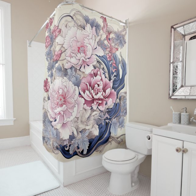 Chinoiserie Peony Painting in Rosa und Blau Duschvorhang (Beispiel)