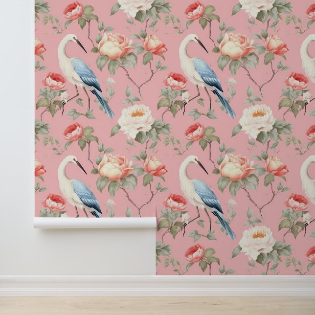 Chinoiserie Pink Blume & Egrets Muster Tapete (Anwendung)