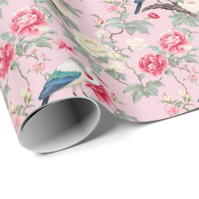 Chinoiserie Pink Floral Egret Geschenkpapier (Rolleneckpunkt)
