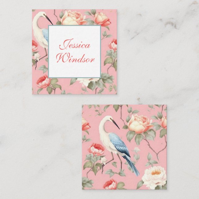 Chinoiserie Pink Floral Egret Geschenkverpackung Mitteilungskarte (Vorne/Hinten)