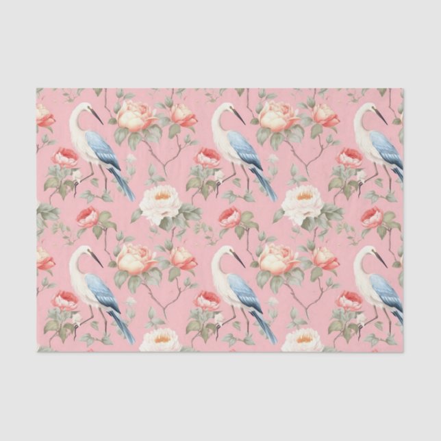 Chinoiserie Pink Floral Egret Seidenpapier (Vorderseite)