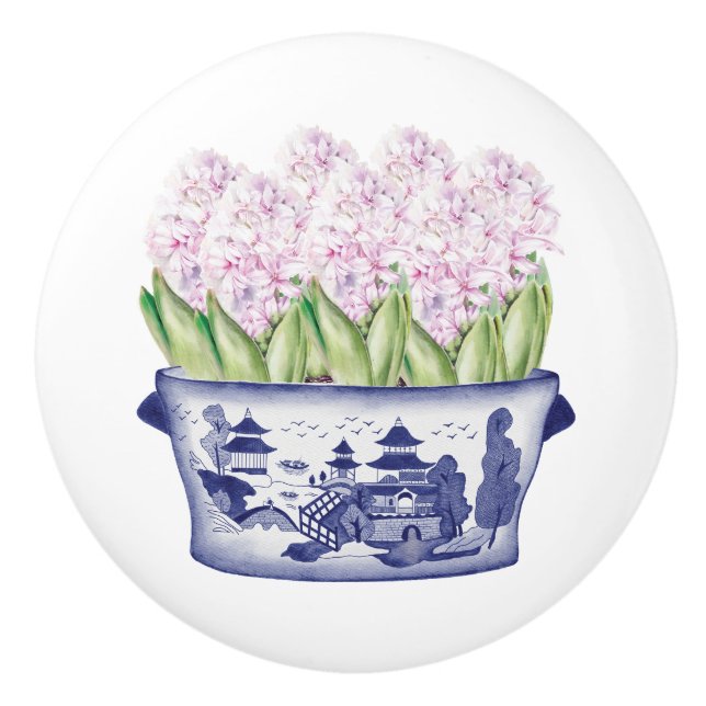 Chinoiserie Pink Hyacinths Keramikknauf (Vorderseite)