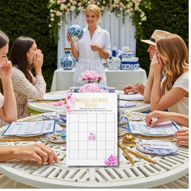 Chinoiserie Pink Willow Bridal Shower Bingo game Einladung (Chinoiserie Pink Willow Bridal Shower Bingo game)
