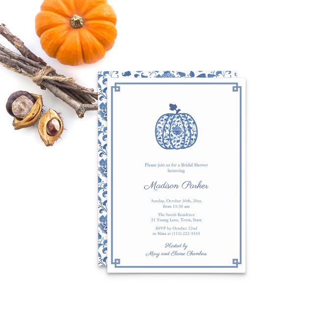 Chinoiserie Pumpkin Blau-Weiß-Brautparty Einladung (Watercolor Blue And White Chinoiserie Pattern Bridal Shower Party Invitation)