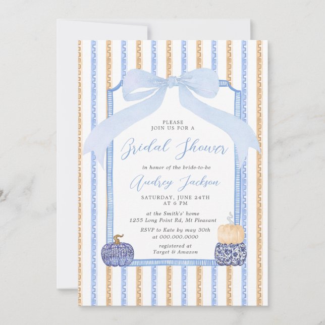Chinoiserie Pumpkin & Blue Bow Fall Bridal Shower Einladung (Vorderseite)