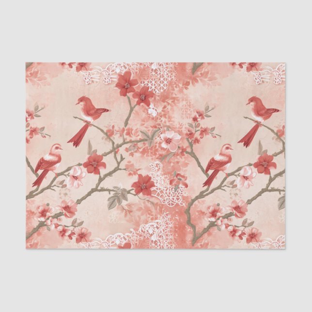 Chinoiserie Red Bird Asian Pink Blume Decoupage Seidenpapier (Vorderseite)