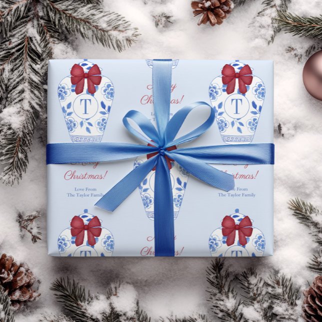 Chinoiserie Red White Blue Christmas Monogram Geschenkpapier (Elegant red white and blue Christmas gift wrap with watercolor ginger jars with red bow & monogram)