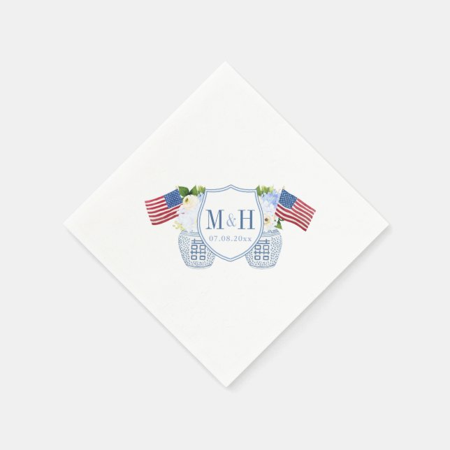 Chinoiserie Red White Blue Monogram Wedding Party Serviette (Ecke)