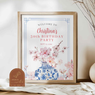 Chinoiserie Rosa Kirschblüten-Willkommensschild Poster