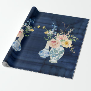 Chinoiserie-Rosa-Pfingstrosen-Blumen-Navyblau-Holz Geschenkpapier
