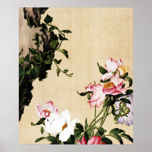 Chinoiserie-Rosa-Pfingstrosen- und Gelehrtenfelsen Poster