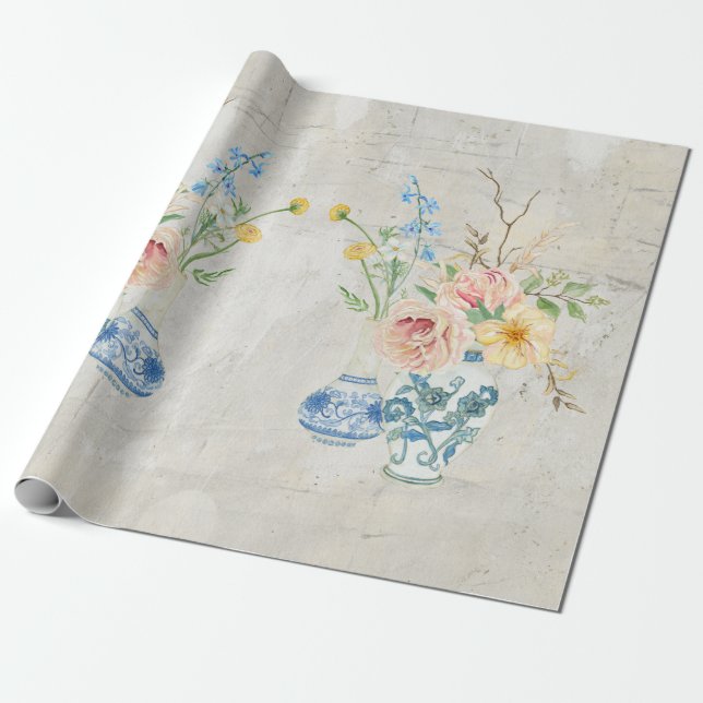Chinoiserie Rose Peony Blues Geschenkpapier (Ungerollt)