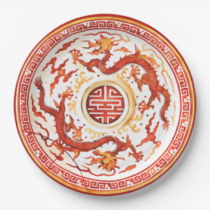 Chinoiserie Rot Gold Kaiserlicher Drache Faux-Chin Pappteller