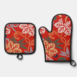 Chinoiserie Rote Hawaiianische Blumenmuster Japani Ofenhandschuh & Topflappen-Set