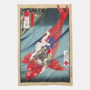 Chinoiserie Roter Koi-Karpfen & Held Jungen Druck Geschirrtuch