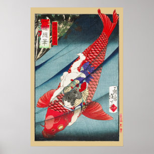 Chinoiserie Roter Koi-Karpfen & Held Jungen Druck Poster