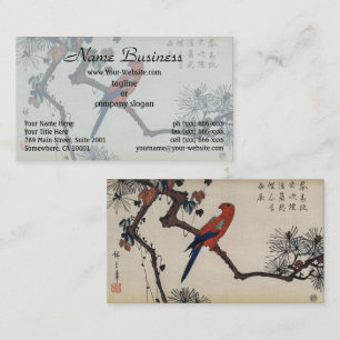 Chinoiserie Roter Papagei & Zen Pinie Holzschnitt Visitenkarte