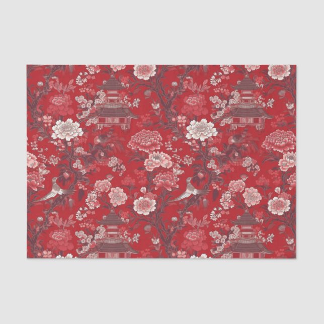 Chinoiserie Rotes Rosa Blumengemälde Dekoupage Seidenpapier (Vorderseite)