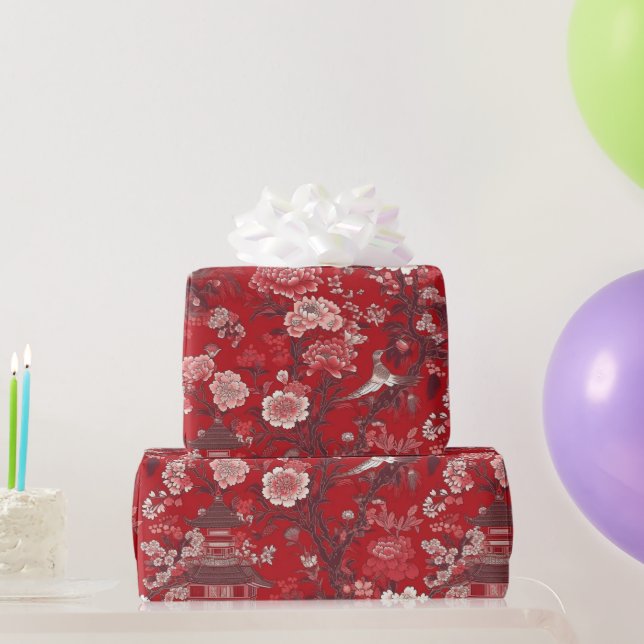 Chinoiserie Rotes Rosa Blumengemälde Geschenkpapier (Partygeschenke)