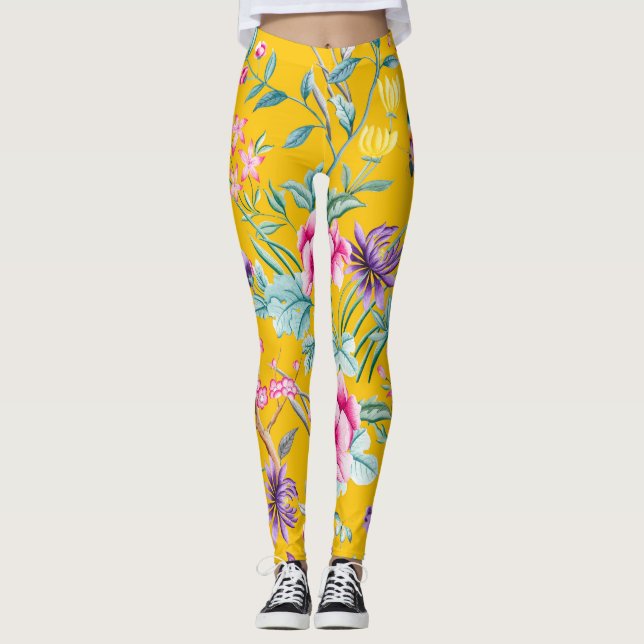 Chinoiserie Schmetterlinge, Vögel Blume gelb Leggings (Vorderseite)