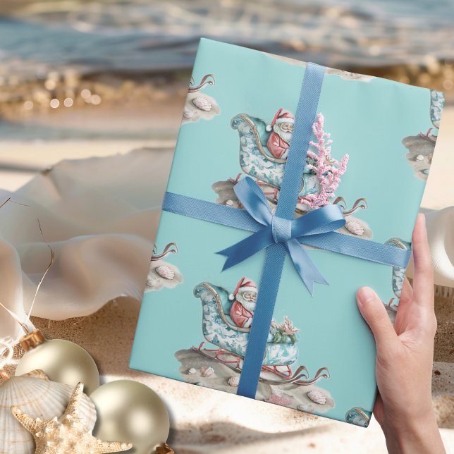 Chinoiserie Sleigh am Strand aquamarin Geschenkpapier (Santa’s Chinoiserie Sleigh on the Beach teal Wrapping Paper)