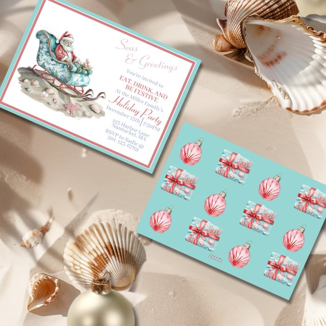 Chinoiserie Sleigh auf dem Strand Einladung (Santa’s Chinoiserie Sleigh on the Beach Invitation-front and back)
