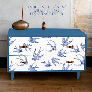Chinoiserie Swallow Bird Blue und White Decoupage Geschenkpapier Set