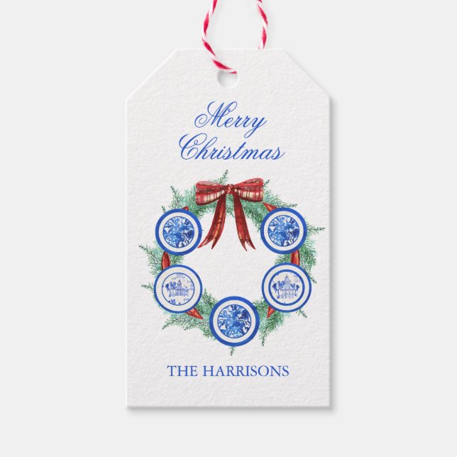 Chinoiserie Teller Watercolor Weihnachten Geschenkanhänger (Vorderseite)