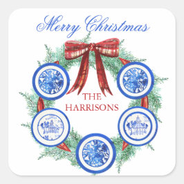 Chinoiserie Teller Watercolor Weihnachten Quadratischer Aufkleber