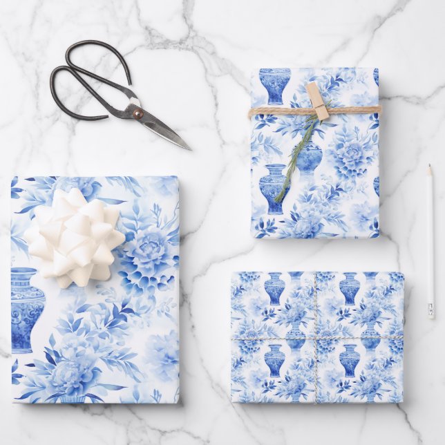 Chinoiserie Toile Blauen & Weiße Blumen Vasen Geschenkpapier Set (Vorderseite)