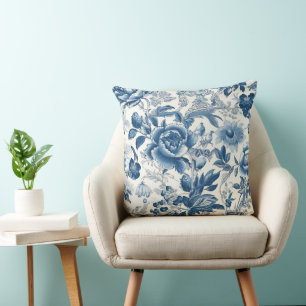 Chinoiserie Toile Blauer und weiße Blüten Kissen