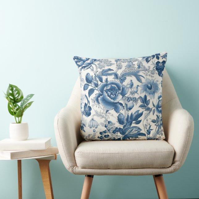 Chinoiserie Toile Blauer und weiße Blüten Kissen (Stuhl )