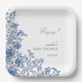 Chinoiserie Toile Blue Floral Baby Shower Pappteller