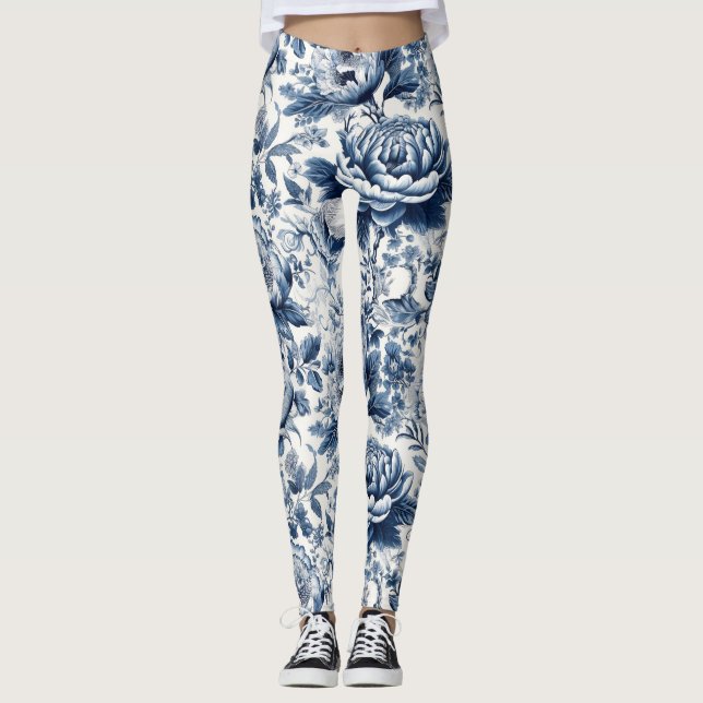 Chinoiserie Toile Blue White Peonus Blume Leggings (Vorderseite)