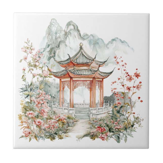 Chinoiserie Toile De Jouy Pagode  Fliese (Vorderseite)