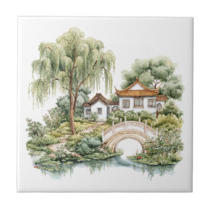 Chinoiserie Toile De Jouy Pagode  Fliese