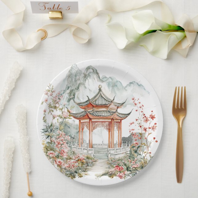 Chinoiserie Toile De Jouy Pagode  Pappteller (Hochzeit)