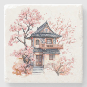 Chinoiserie Toile De Jouy Pagode  Steinuntersetzer