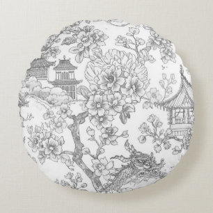 Chinoiserie Toile Drache Kirschblüten Ornamente Rundes Kissen