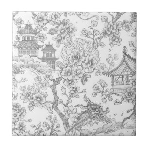 Chinoiserie-Toile-Drache-Kirschblüten-Verzierung Fliese