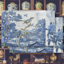 Chinoiserie Toile Floral Blue White Script Collage