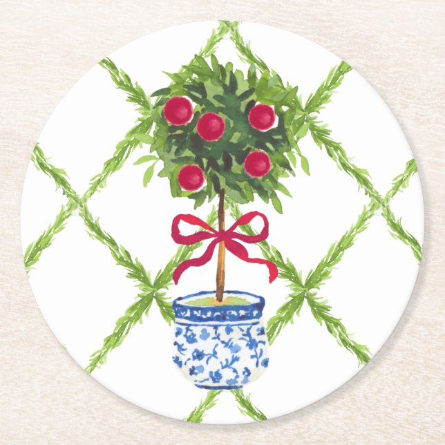 Chinoiserie Topiar Runder Pappuntersetzer (Vorderseite)