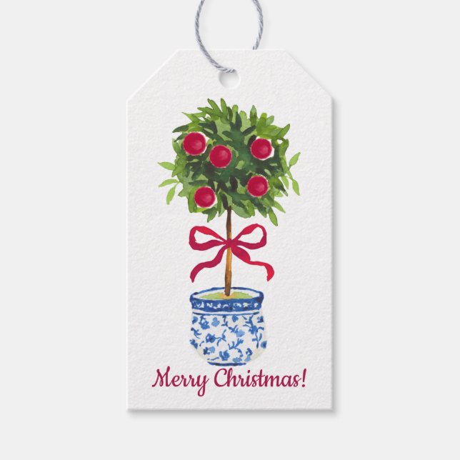 Chinoiserie Topiary Christmas, Blue White Holiday Geschenkanhänger (Vorderseite)