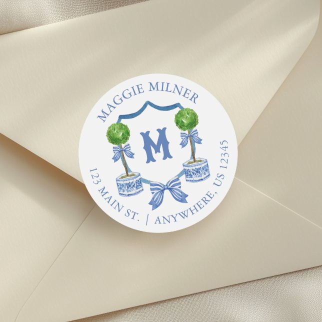 Chinoiserie Topiary Monogram Wappen Runder Aufkleber (Von Creator hochgeladen)