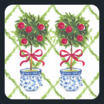 Chinoiserie Topiary Red Christmas Quadratischer Aufkleber<br><div class="desc">Fügen Sie diesen niedlichen Aufkleber zu Ihren Urlaubskarten hinzu!</div>