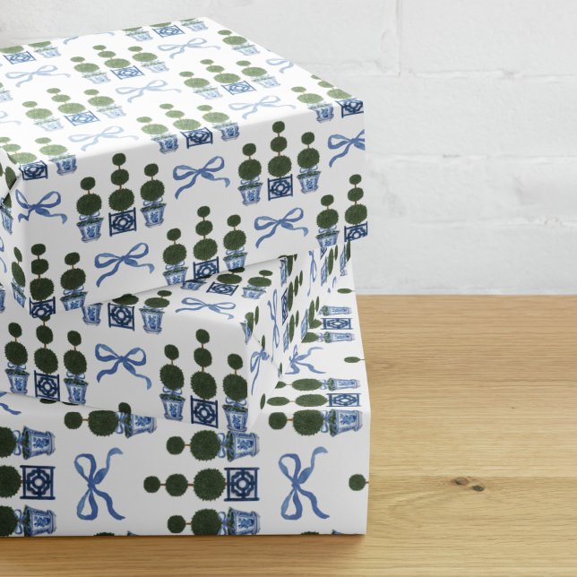 Chinoiserie Topiary Tree Blue Bow Geschenkpapier Set (Chinoiserie topiary trees with blue bow gift wrapping paper)